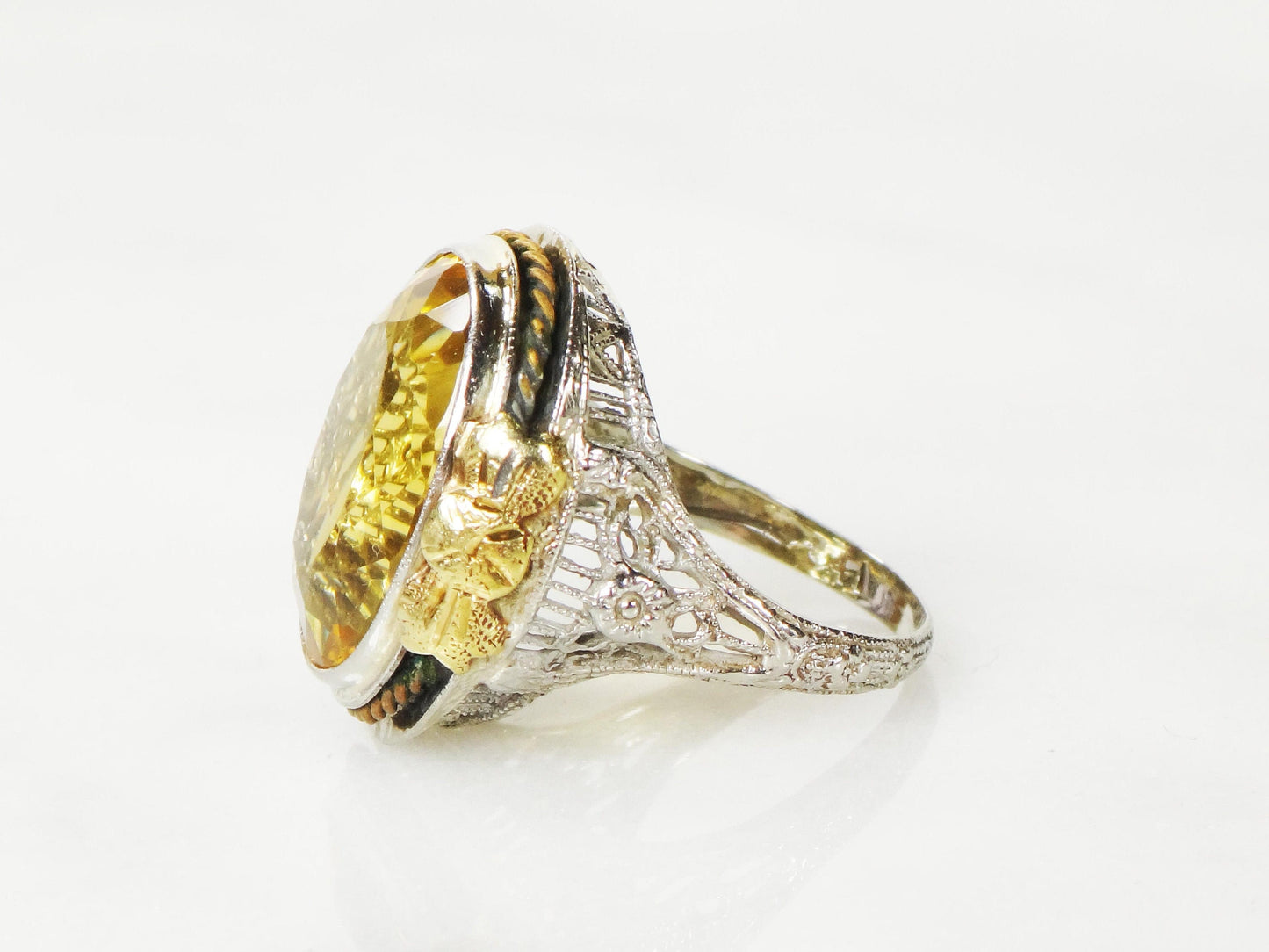 Vintage 14k White Gold Filigree Citrine Ring - 1930s Art Deco Floral Ring