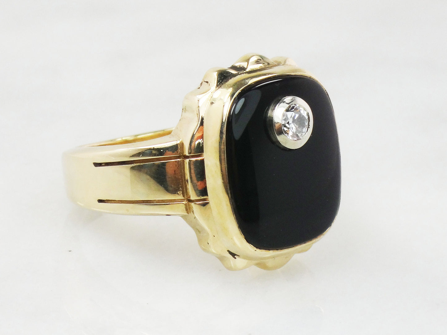 Vintage 10k Yellow Gold Natural Diamond and Black Onyx Ring Men's .20 CT Diamond Ring Size 10 3/4