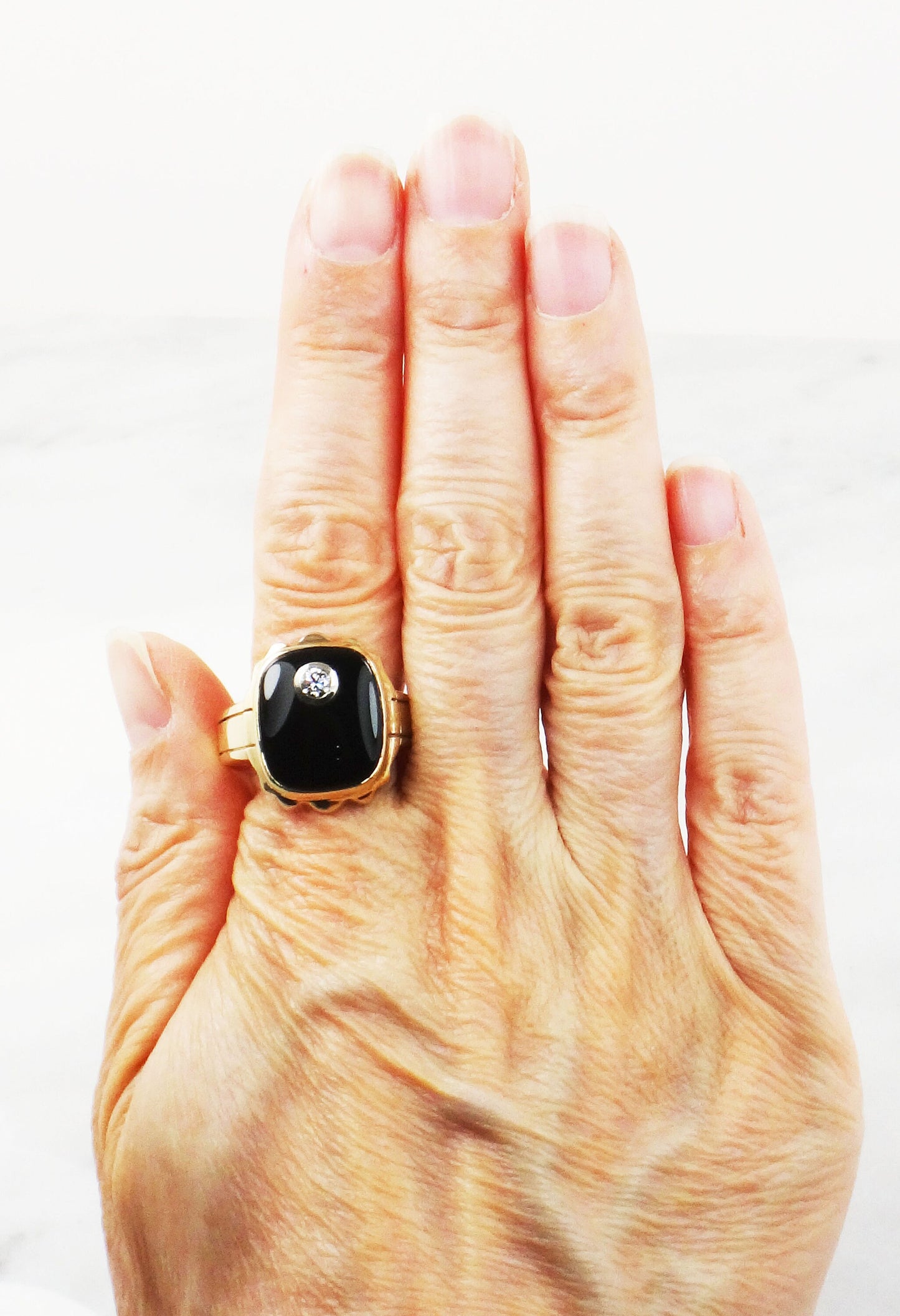 Vintage 10k Yellow Gold Natural Diamond and Black Onyx Ring Men's .20 CT Diamond Ring Size 10 3/4