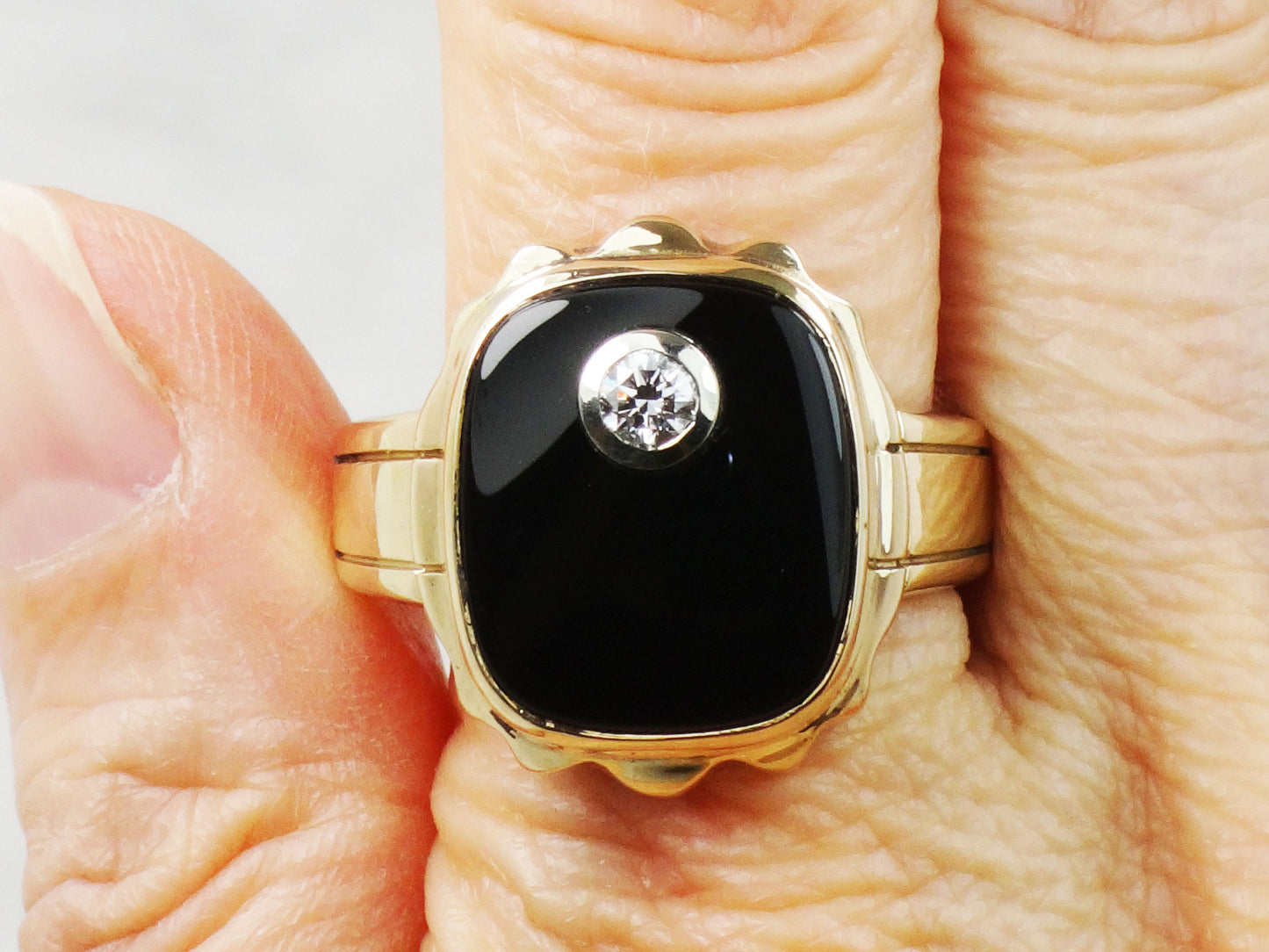 Vintage 10k Yellow Gold Natural Diamond and Black Onyx Ring Men's .20 CT Diamond Ring Size 10 3/4
