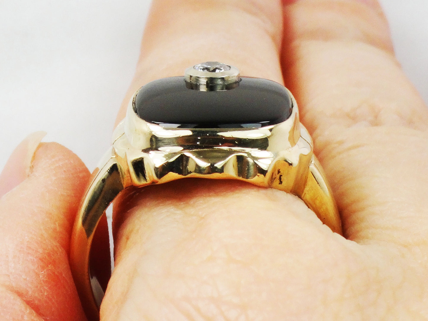 Vintage 10k Yellow Gold Natural Diamond and Black Onyx Ring Men's .20 CT Diamond Ring Size 10 3/4