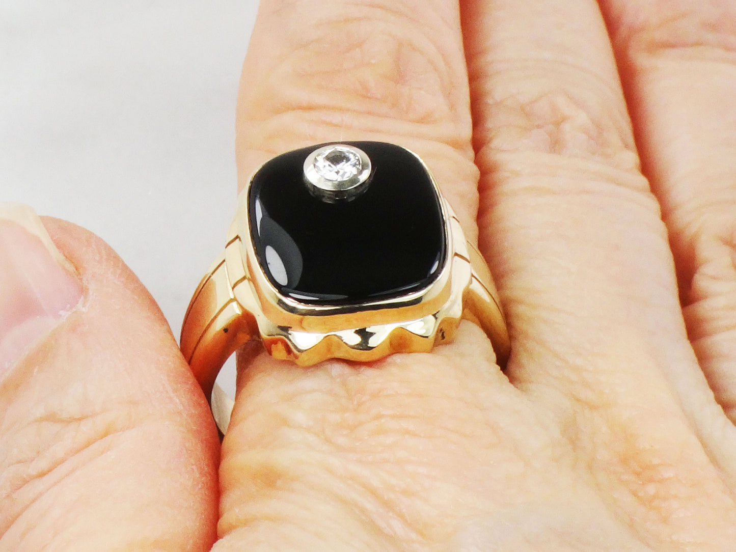 Vintage 10k Yellow Gold Natural Diamond and Black Onyx Ring Men's .20 CT Diamond Ring Size 10 3/4