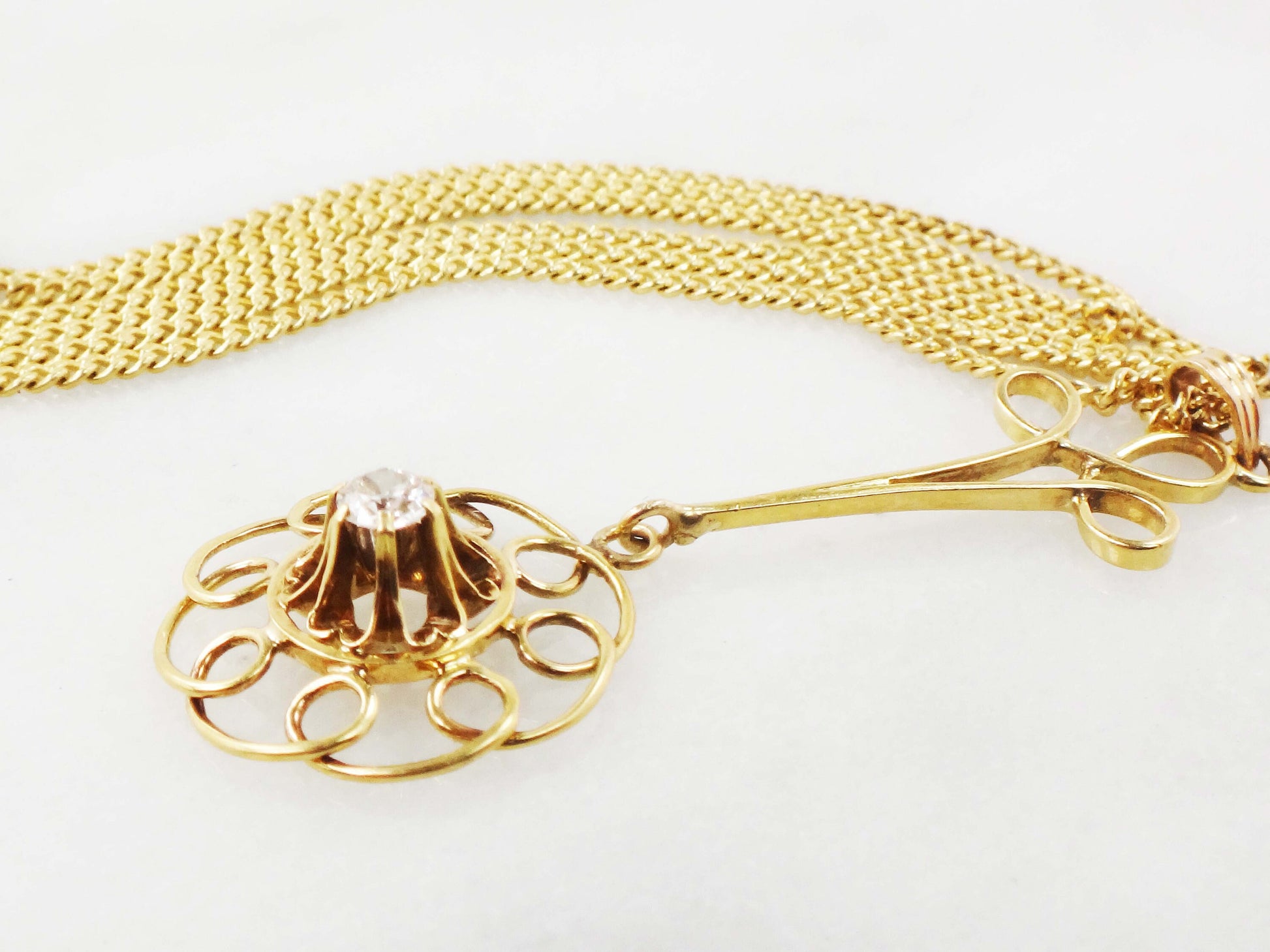 Vintage Belle Epoque Diamond Lavalier Necklace: Old Mine Cut, 14k Gold Curb Chain