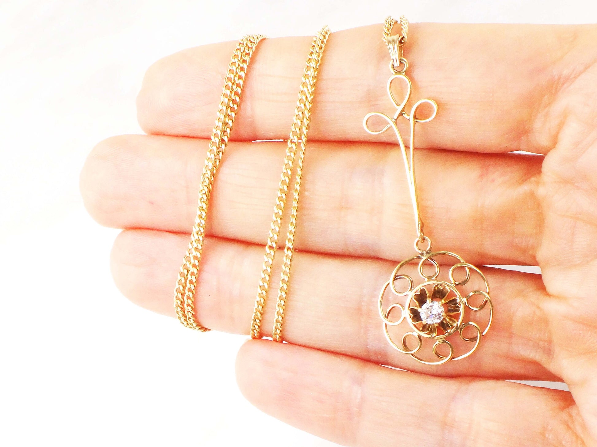 Vintage Belle Epoque Diamond Lavalier Necklace: Old Mine Cut, 14k Gold Curb Chain