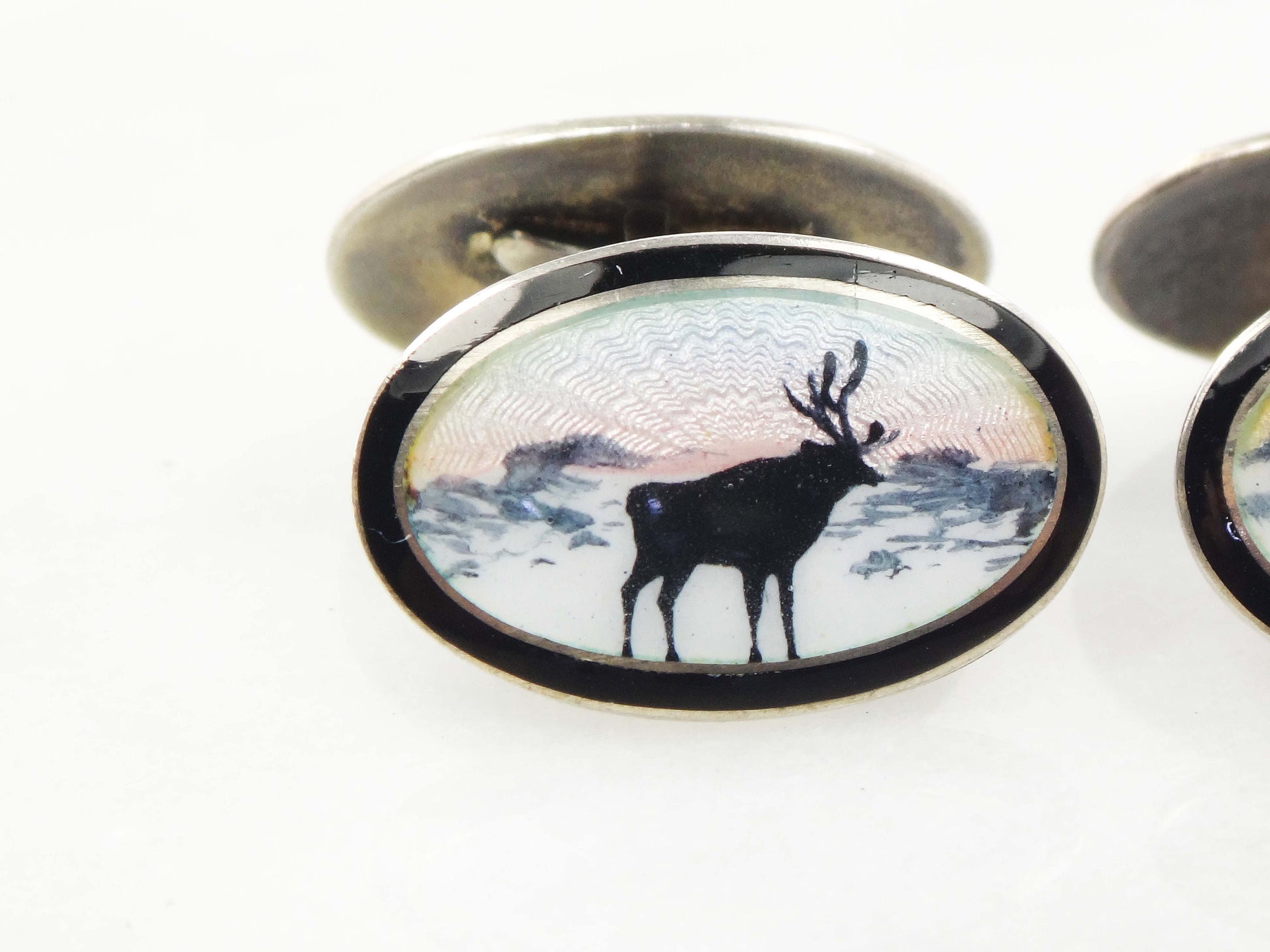 Vintage Georg Ruud Sterling Silver Guilloche Enamel Elk Cufflinks