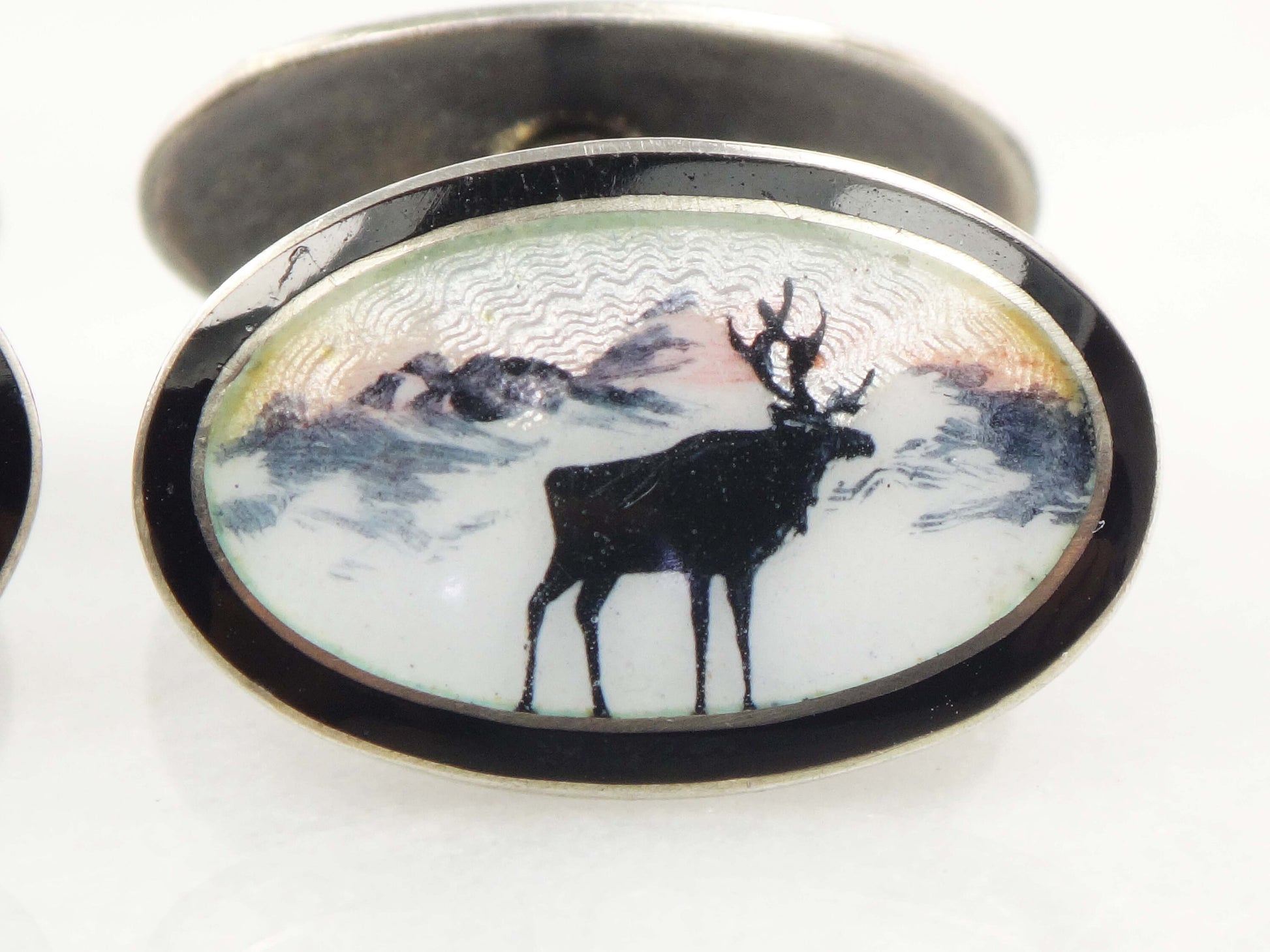 Vintage Georg Ruud Sterling Silver Guilloche Enamel Elk Cufflinks