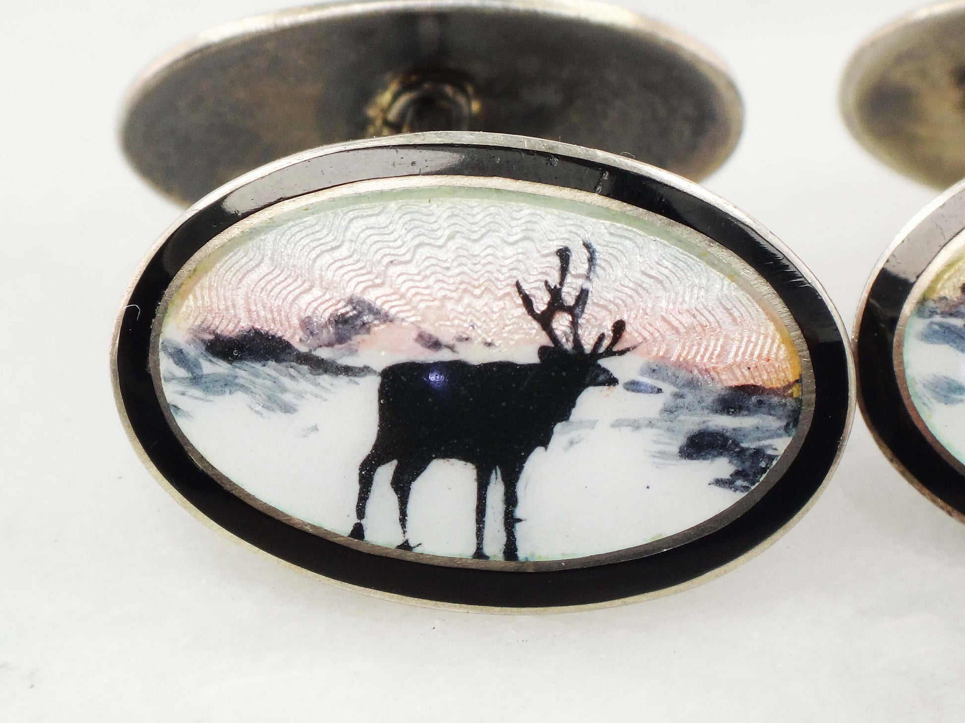 Vintage Georg Ruud Sterling Silver Guilloche Enamel Elk Cufflinks
