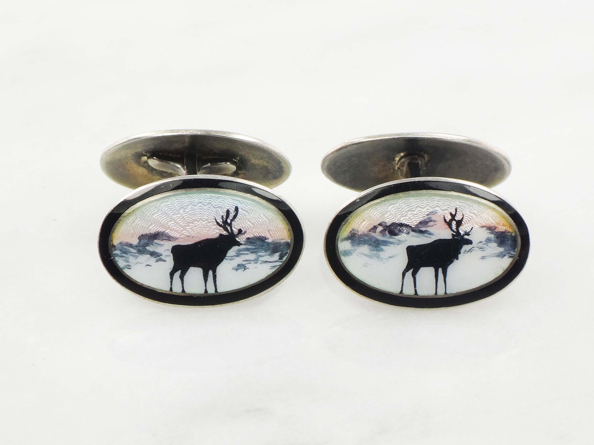 Vintage Georg Ruud Sterling Silver Guilloche Enamel Elk Cufflinks