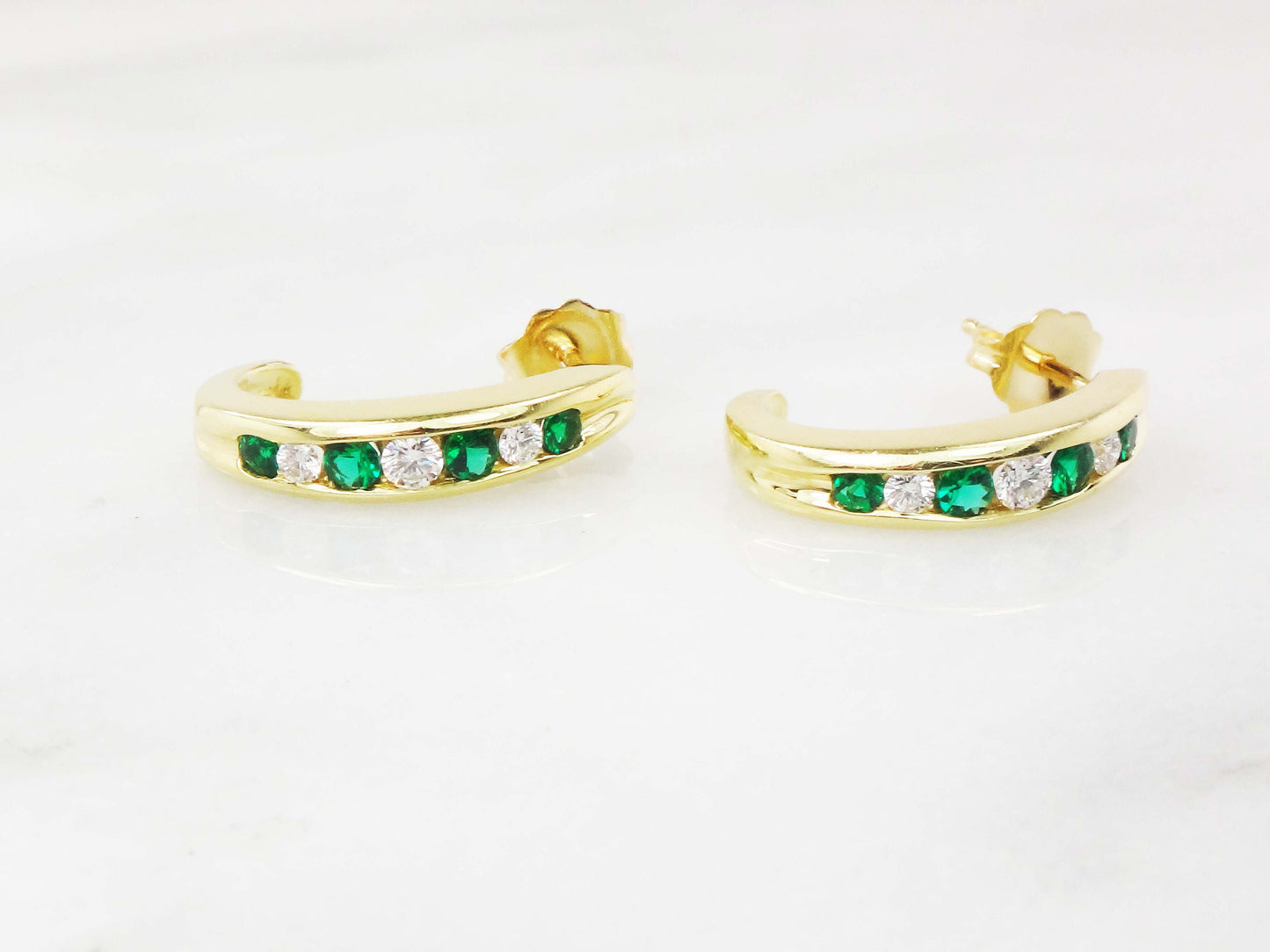 Vintage 18k Yellow Gold Natural Diamond and Emerald Green Glass Earrings Half Hoop Diamond Earrings May Birthstone Earrings