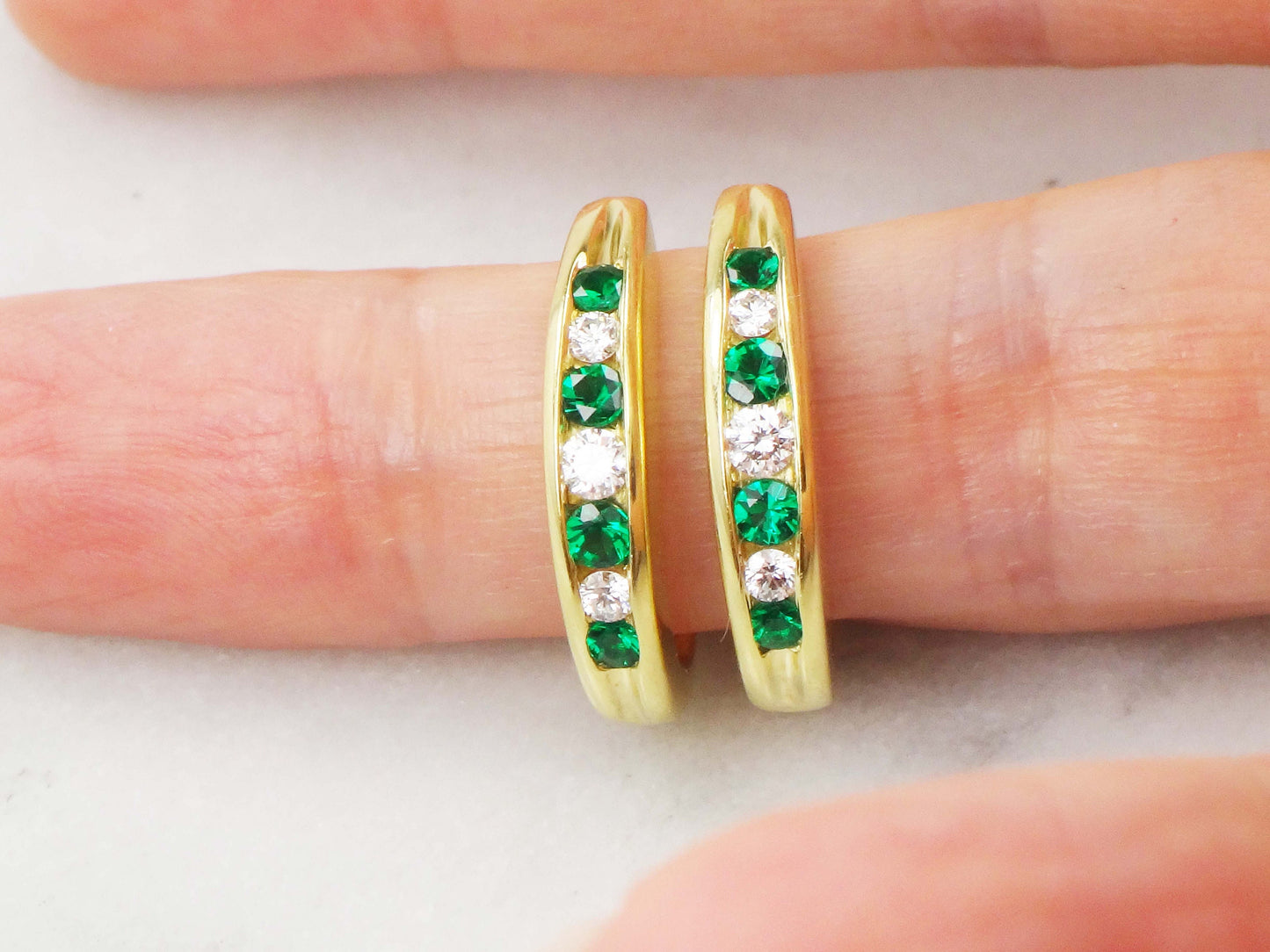 Vintage 18k Yellow Gold Natural Diamond and Emerald Green Glass Earrings Half Hoop Diamond Earrings May Birthstone Earrings