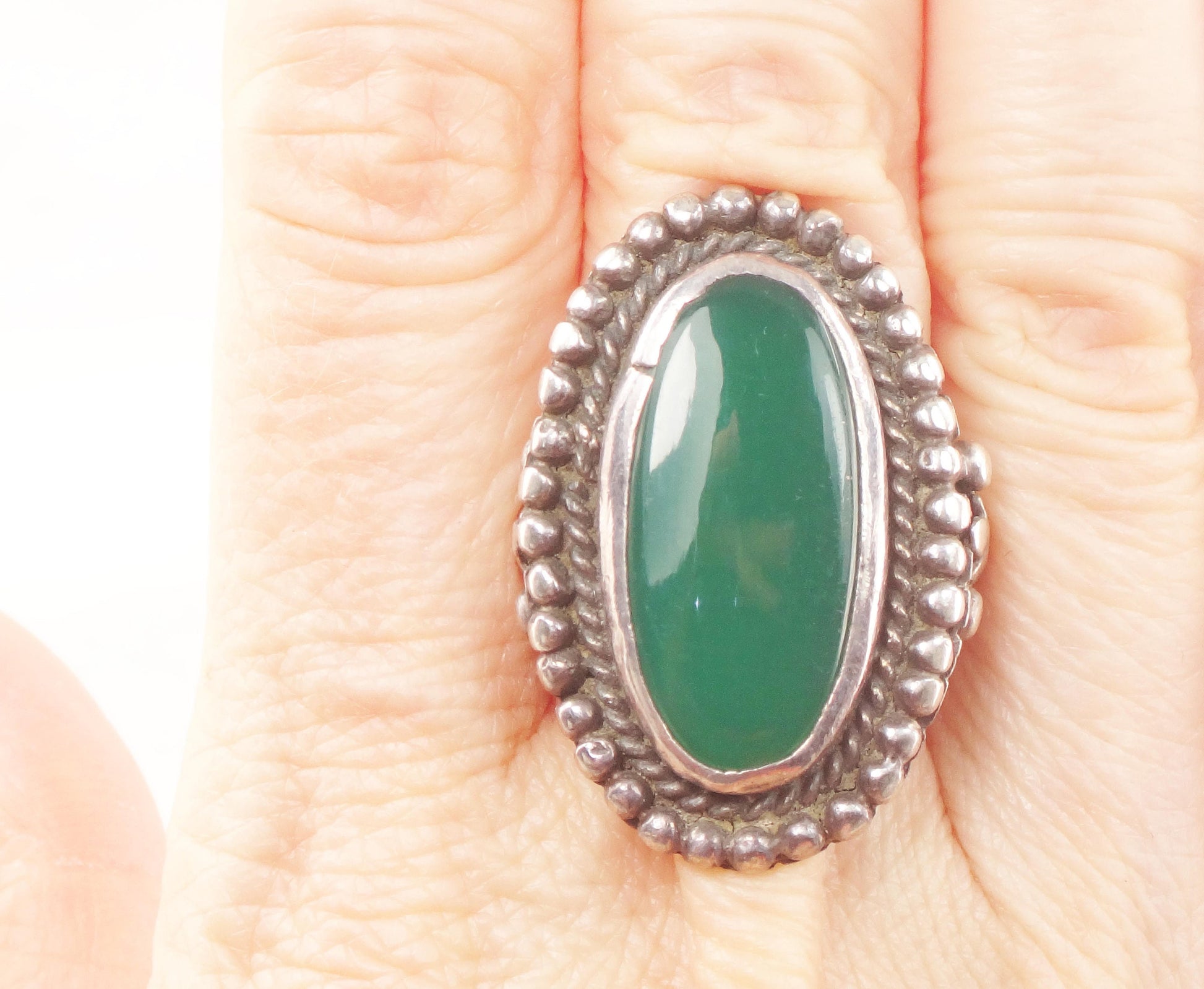 Vintage Sterling Silver Green Glass Ring - Size 5 1/2