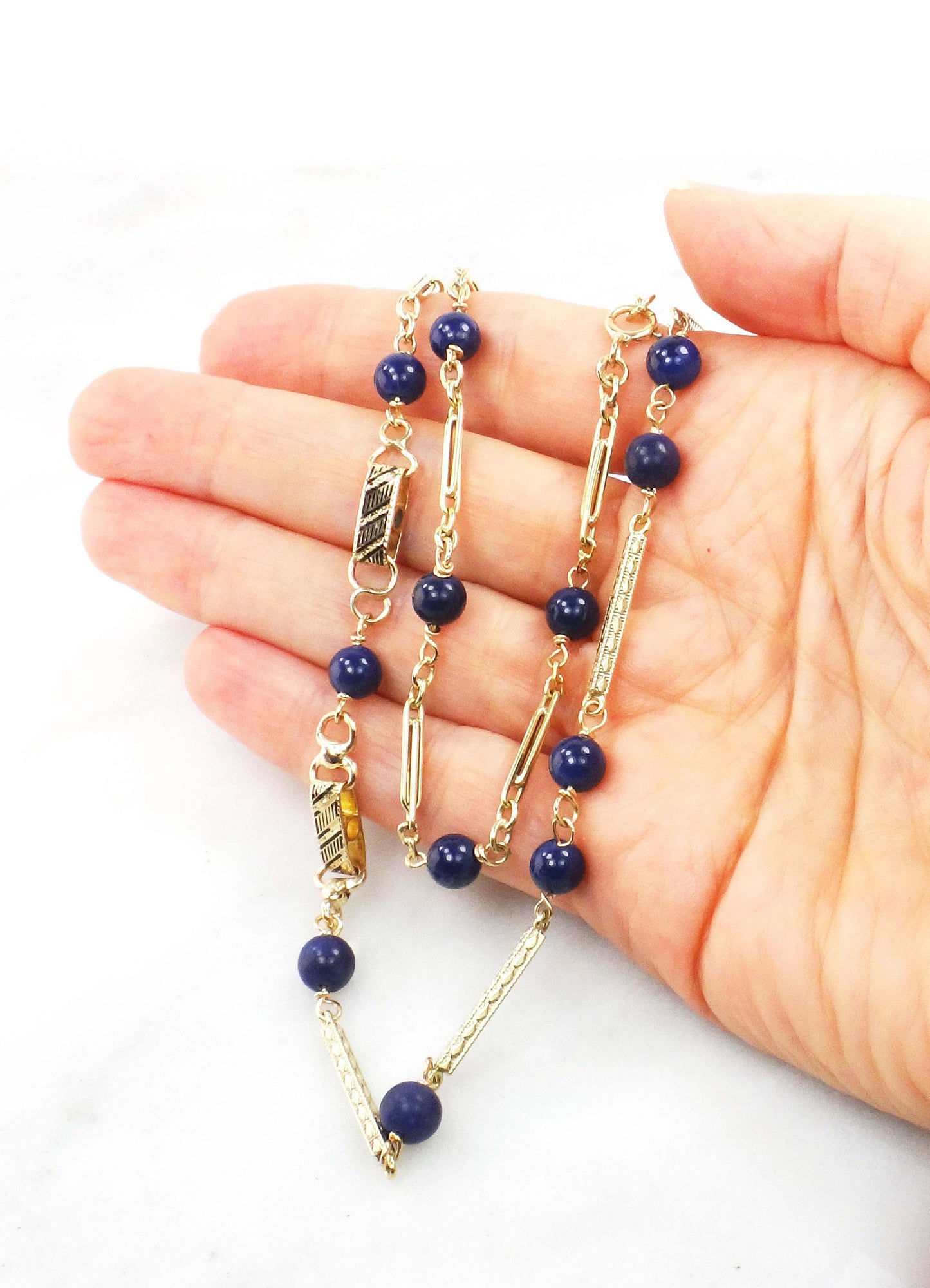 Vintage 14k Yellow Gold Lapis Lazuli Necklace Long Fancy Link Chain - Blue Lapis Station Necklace - 26.75"