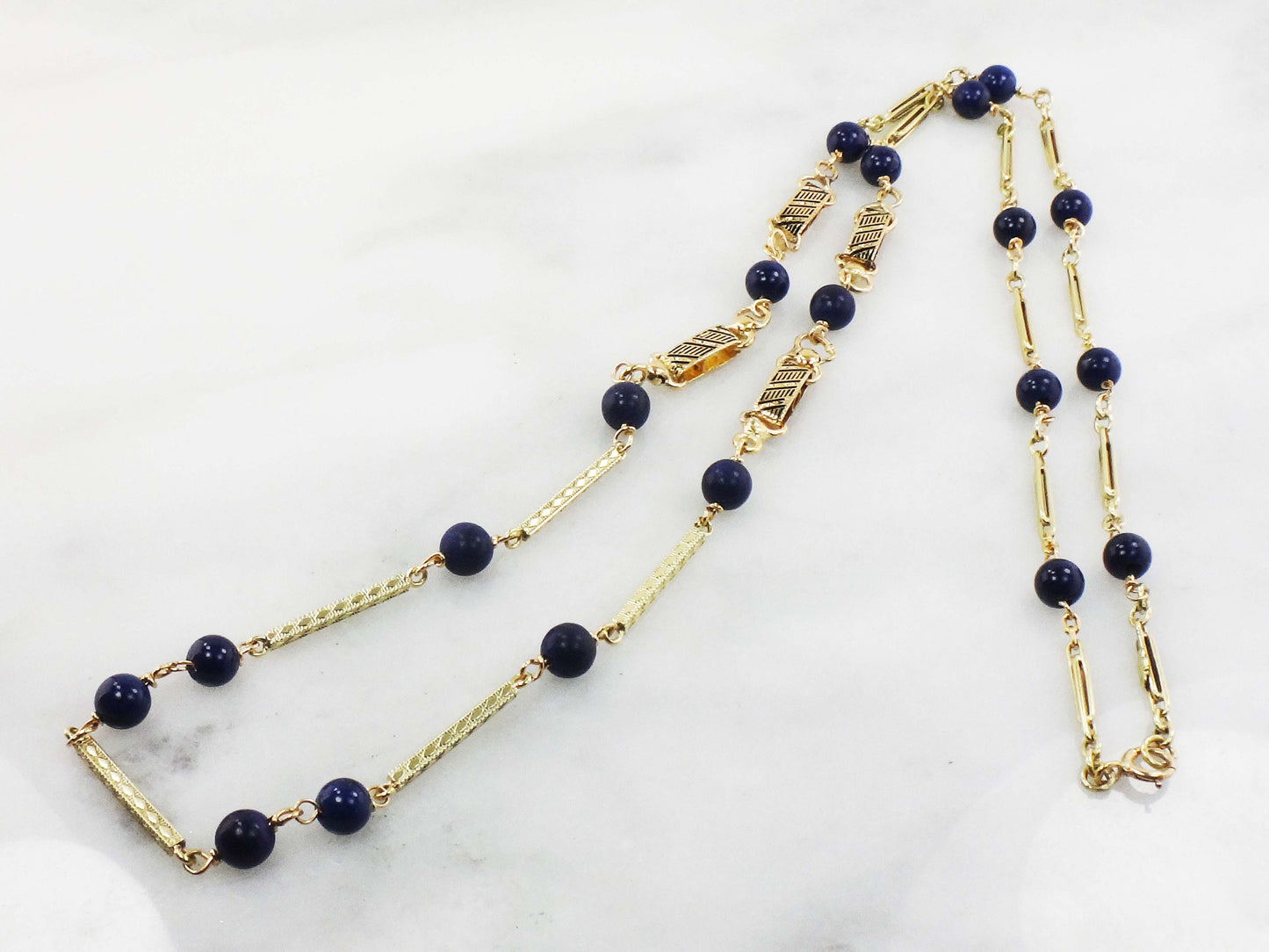 Vintage 14k Yellow Gold Lapis Lazuli Necklace Long Fancy Link Chain - Blue Lapis Station Necklace - 26.75"