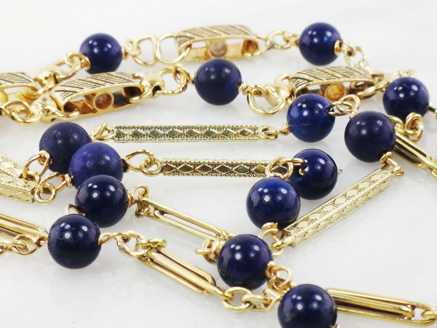 Vintage 14k Yellow Gold Lapis Lazuli Necklace Long Fancy Link Chain - Blue Lapis Station Necklace - 26.75"