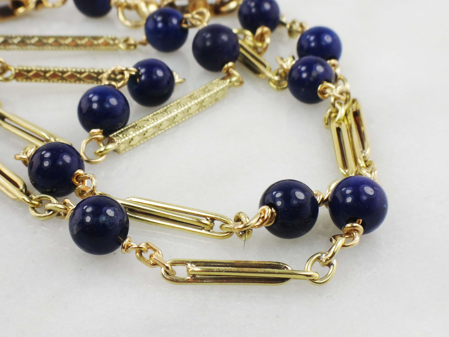 Vintage 14k Yellow Gold Lapis Lazuli Necklace Long Fancy Link Chain - Blue Lapis Station Necklace - 26.75"