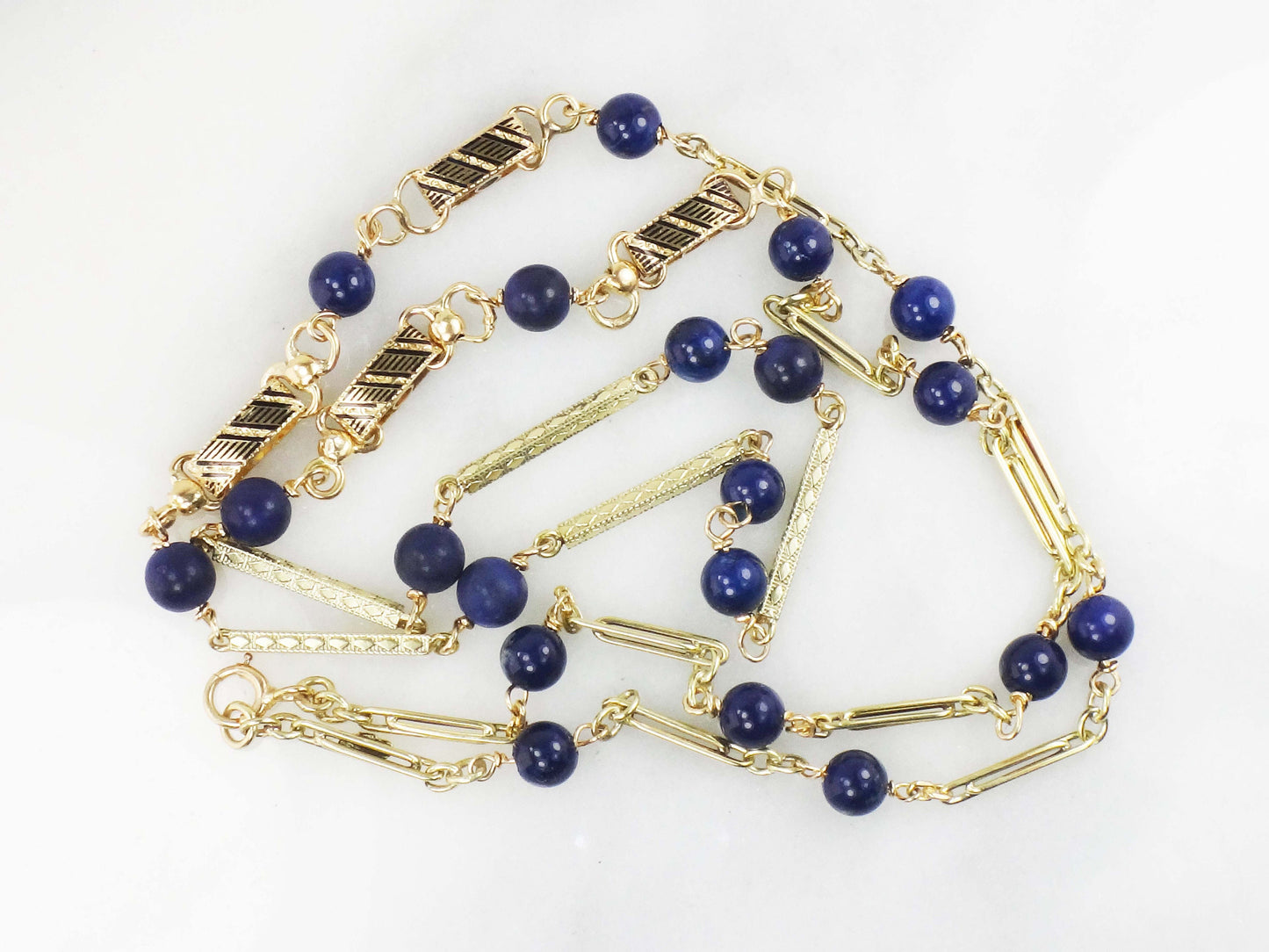 Vintage 14k Yellow Gold Lapis Lazuli Necklace Long Fancy Link Chain - Blue Lapis Station Necklace - 26.75"