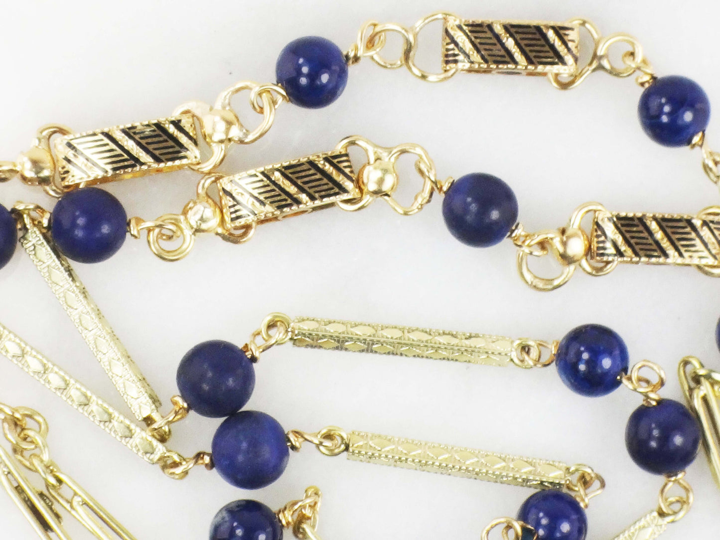 Vintage 14k Yellow Gold Lapis Lazuli Necklace Long Fancy Link Chain - Blue Lapis Station Necklace - 26.75"