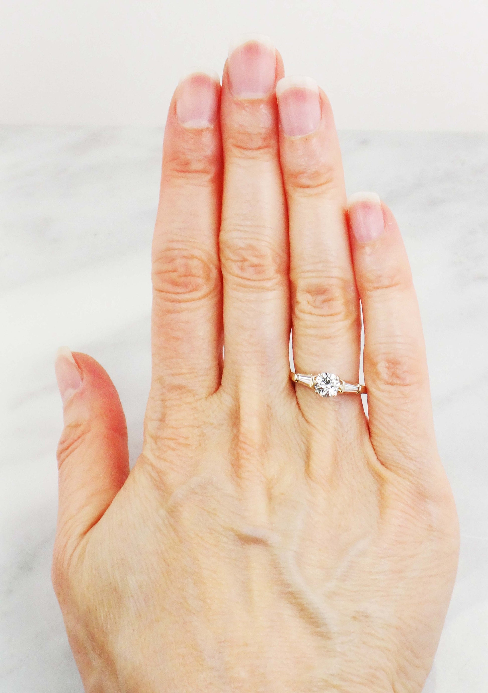 Vintage 18k Yellow Gold Natural Diamond Engagement Ring 1/2 CT Round Brilliant Diamond and Baguettes