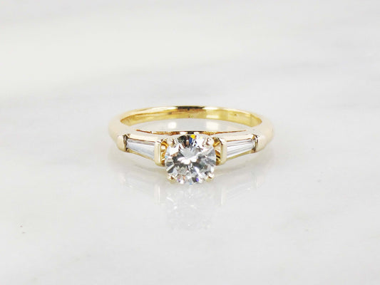 Vintage 18k Yellow Gold Natural Diamond Engagement Ring 1/2 CT Round Brilliant Diamond and Baguettes