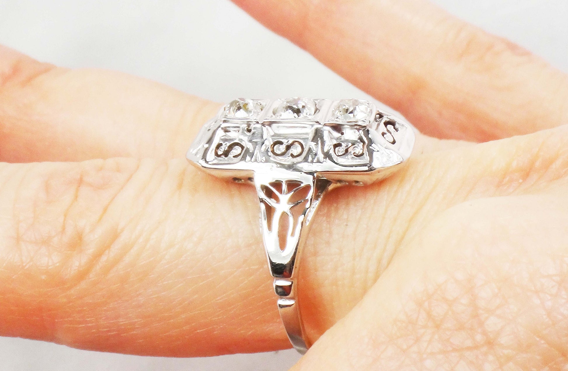 14k White Gold Art Deco Diamond Ring: Three Stone Old Mine Cut