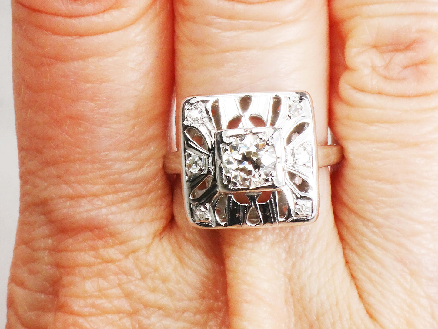 Vintage 14k White Gold Old European Cut Natural Diamond Ring Art Deco Diamond Ring Approx .50 Carat Center Diamond