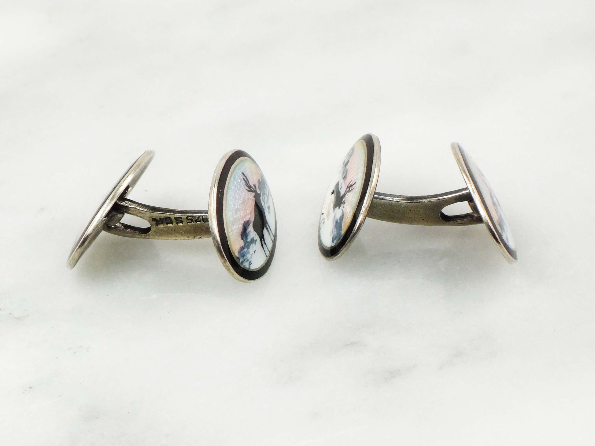 Vintage Georg Ruud Sterling Silver Guilloche Enamel Elk Cufflinks