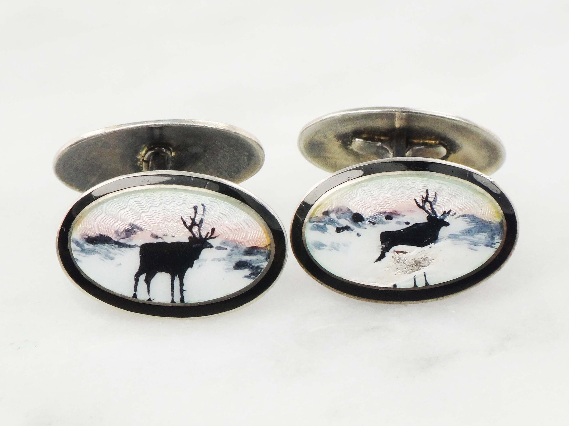 Vintage Georg Ruud Sterling Silver Guilloche Enamel Elk Cufflinks