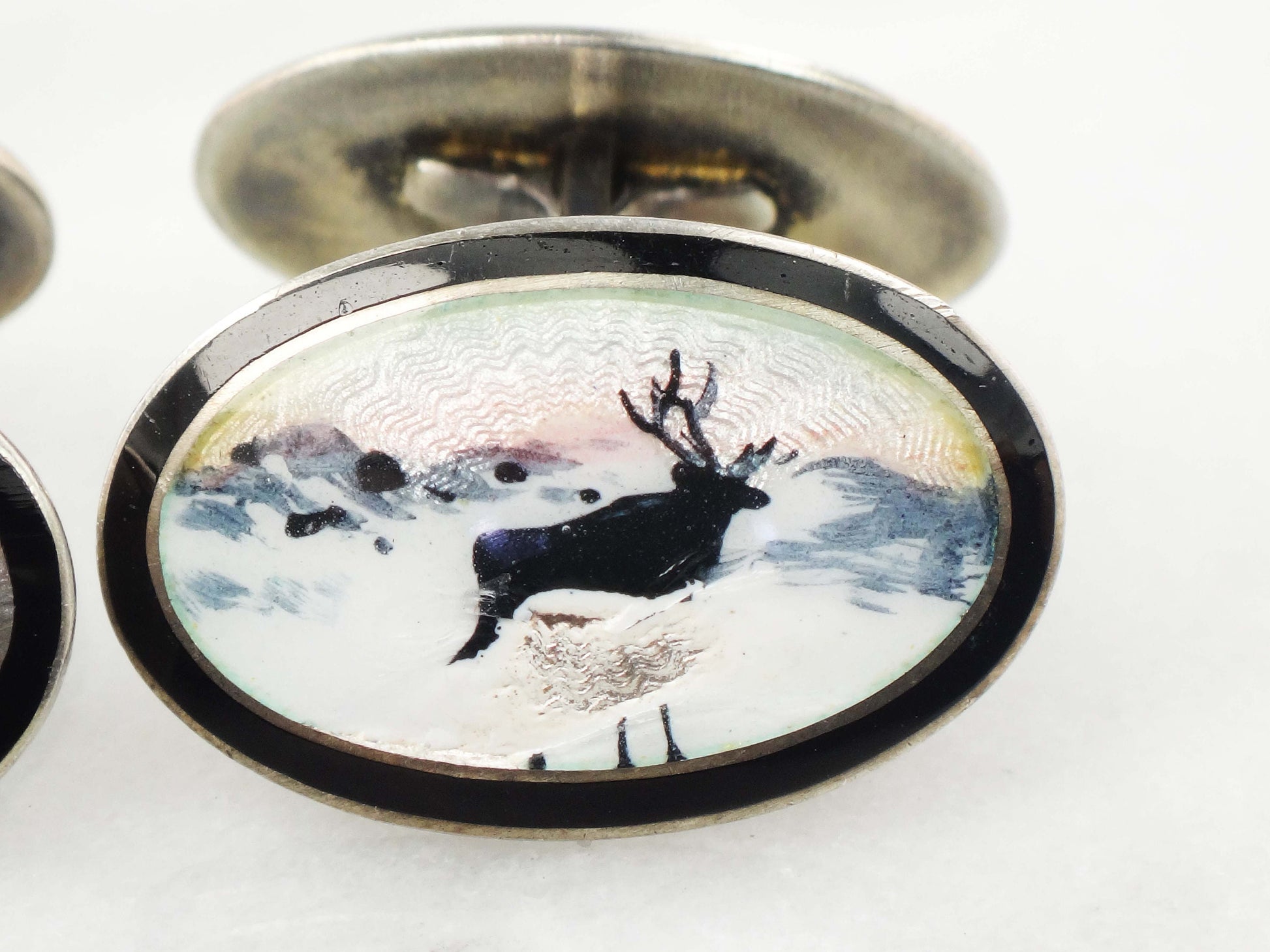 Vintage Georg Ruud Sterling Silver Guilloche Enamel Elk Cufflinks