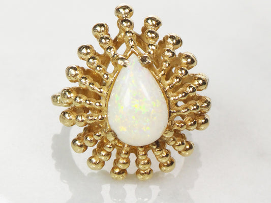 Vintage 14k Yellow Gold Opal Ring: Pear Cabochon Statement Ring