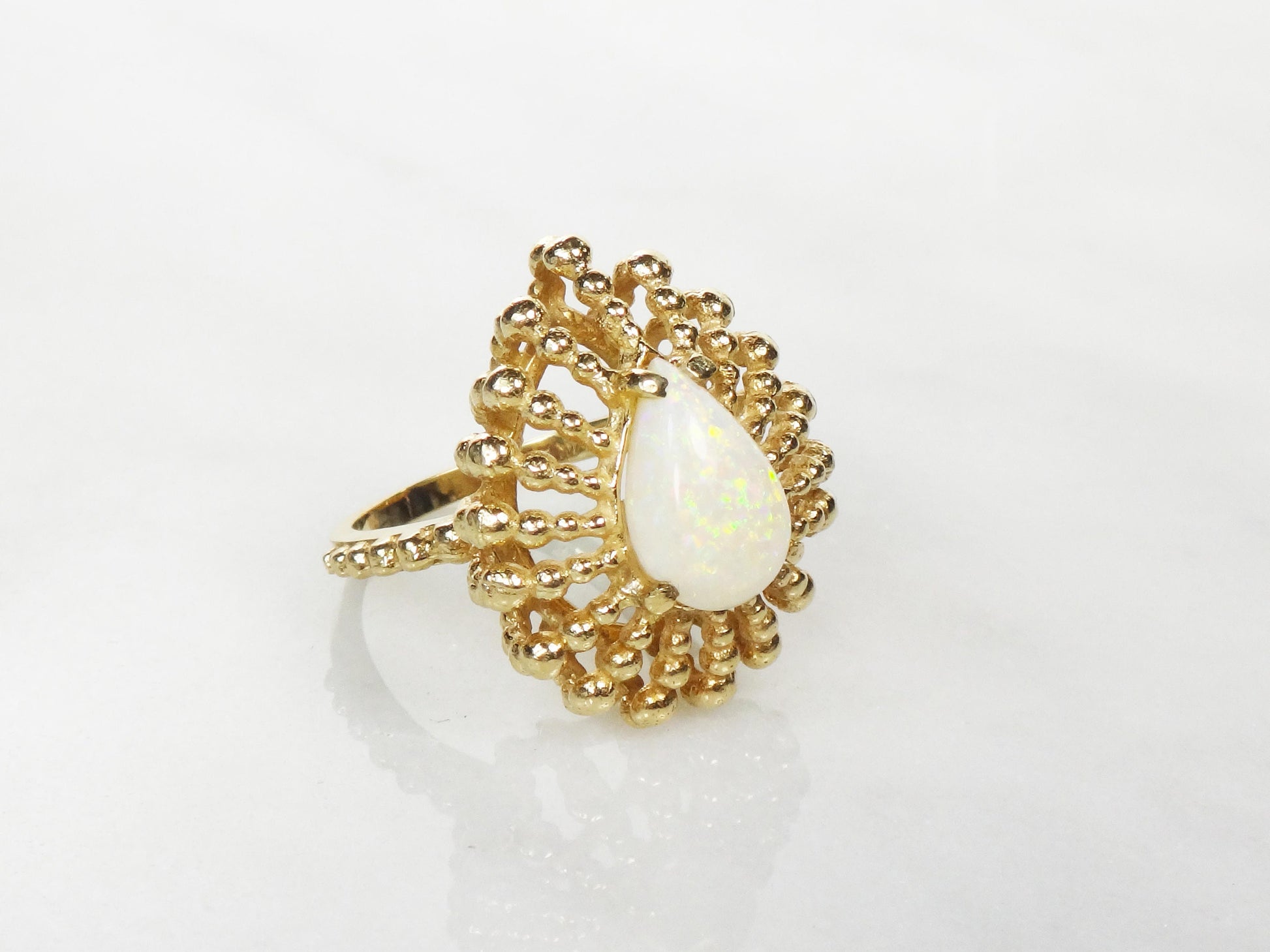 Vintage 14k Yellow Gold Opal Ring: Pear Cabochon Statement Ring