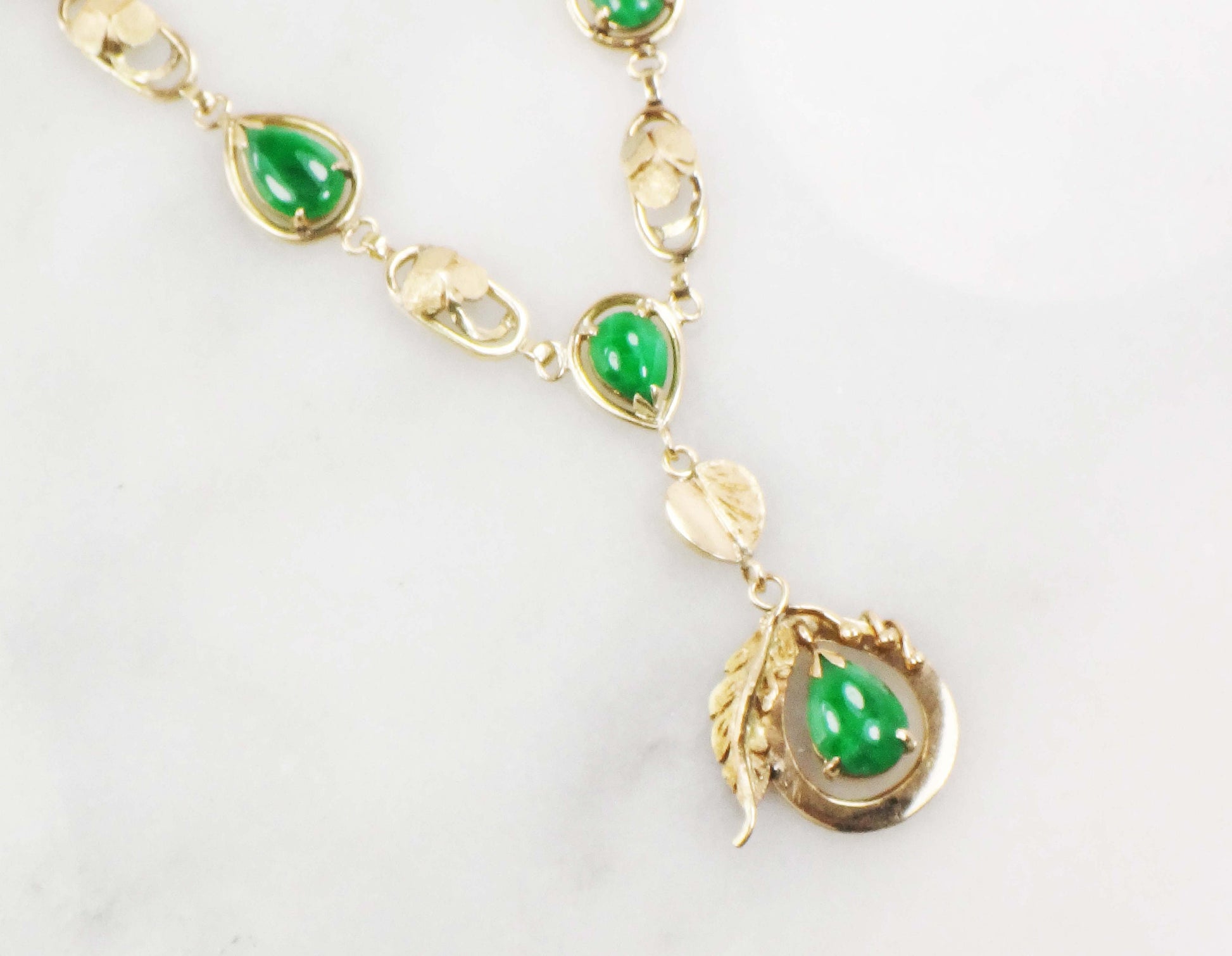 Vintage 14k Gold Chrysoprase Necklace: Shamrock Clover Floral Drop, 1930s
