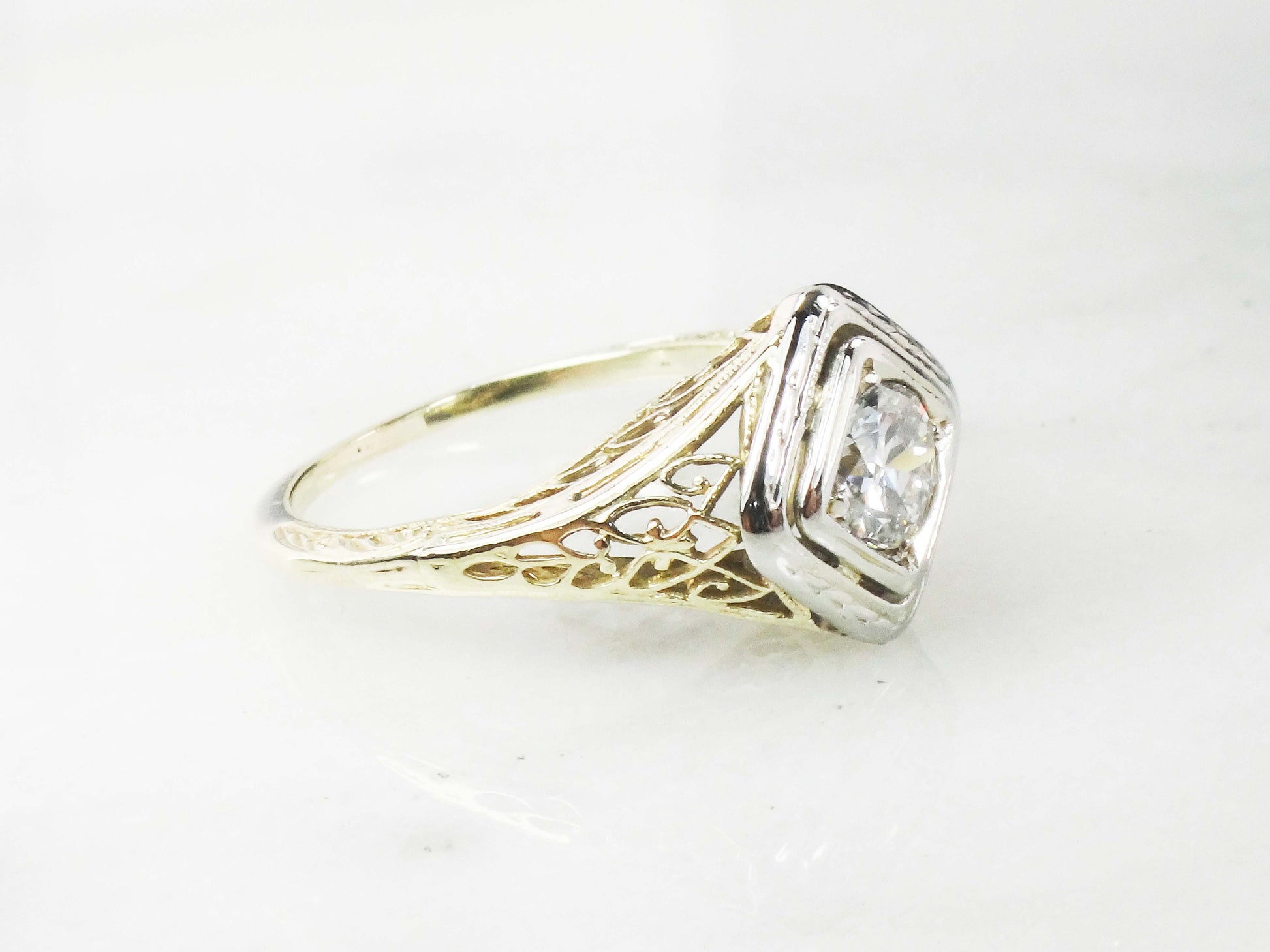 Antique 14k Gold Diamond Engagement Ring: Art Deco Filigree, Circa 1930