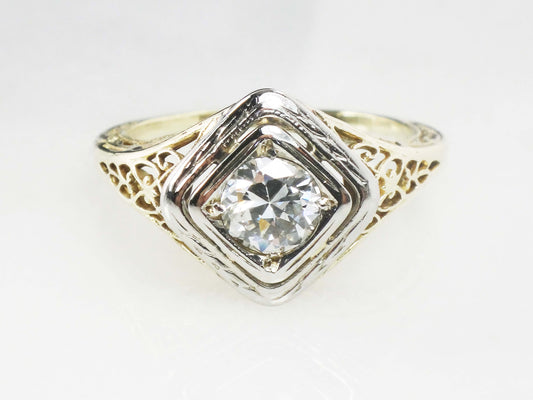Antique 14k Gold Diamond Engagement Ring: Art Deco Filigree, Circa 1930
