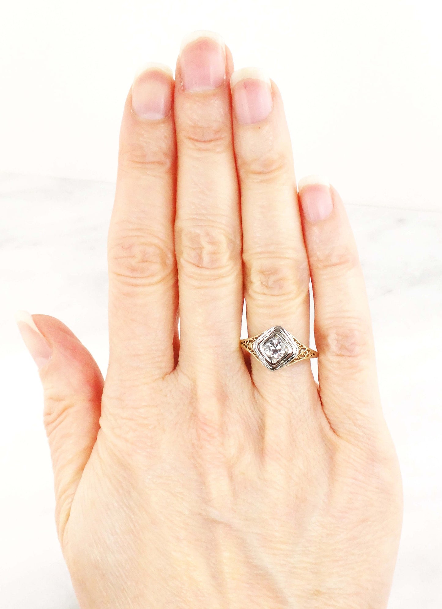 Antique 14k Gold Diamond Engagement Ring: Art Deco Filigree, Circa 1930