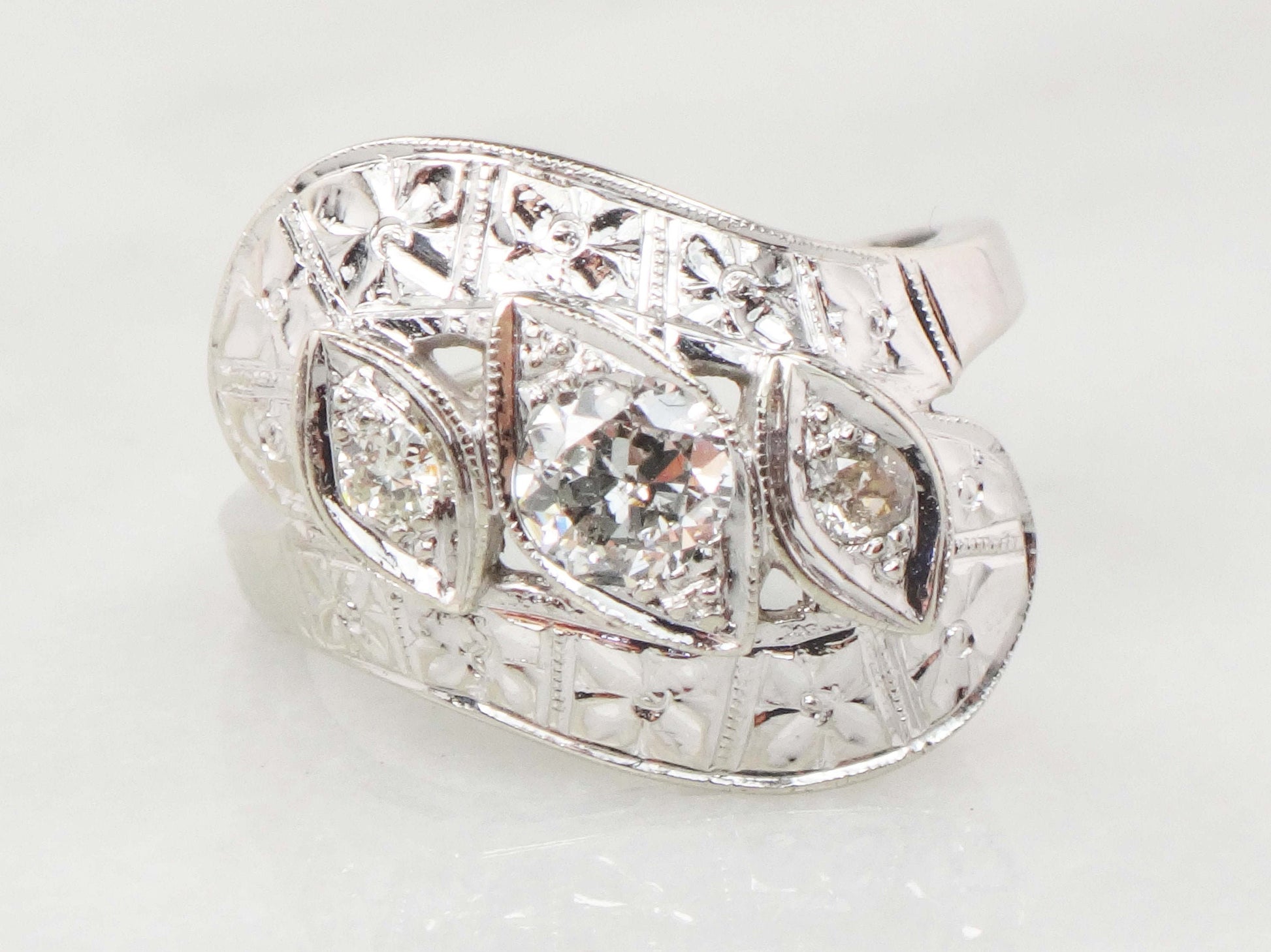 Vintage 14k White Gold Natural Diamond Orange Blossom Ring Circa 1940s Alternative Engagement Ring