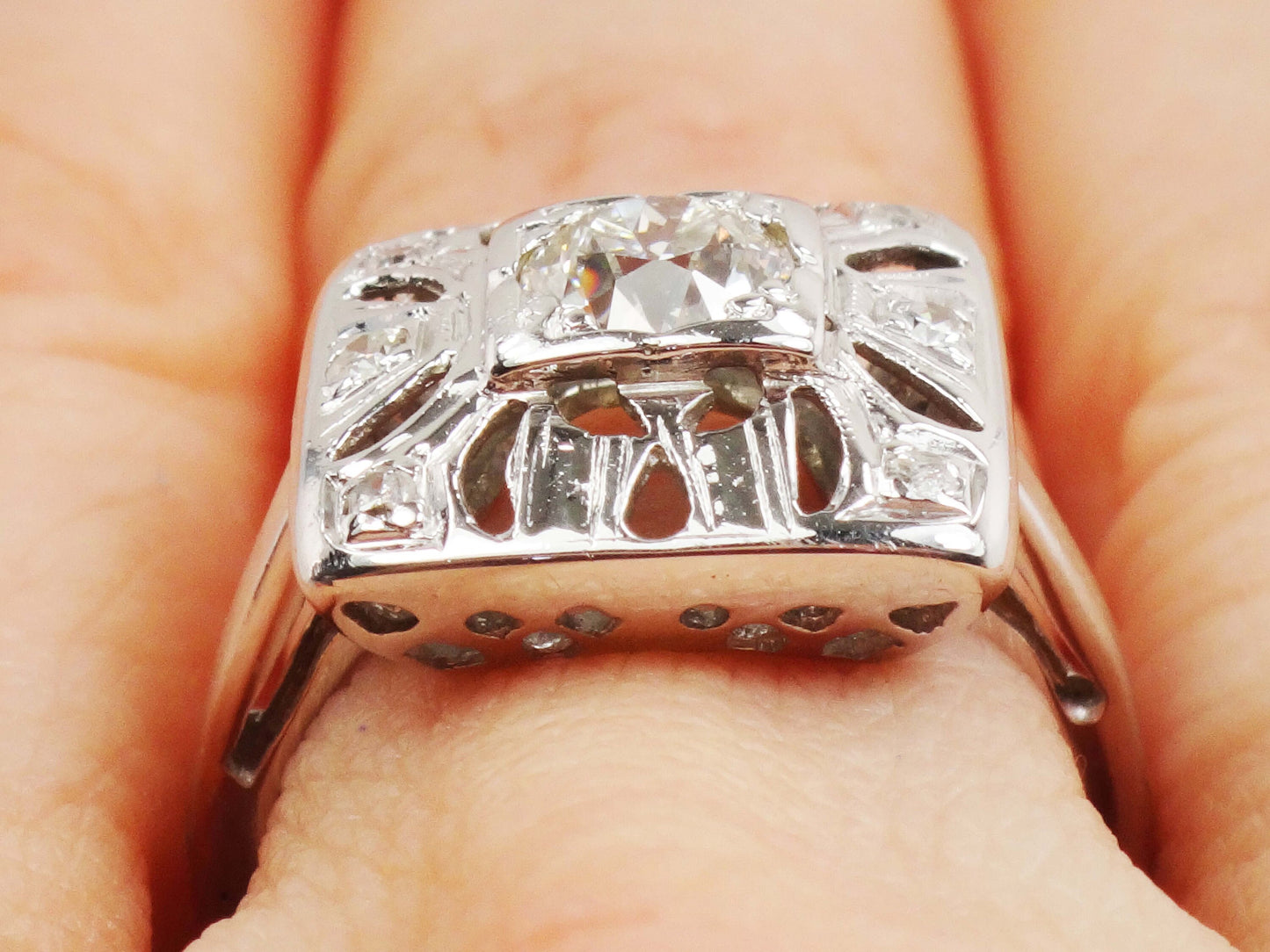 Vintage 14k White Gold Old European Cut Natural Diamond Ring Art Deco Diamond Ring Approx .50 Carat Center Diamond