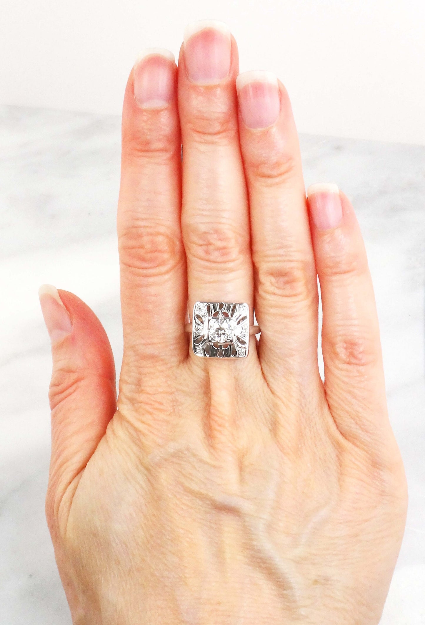 Vintage 14k White Gold Old European Cut Natural Diamond Ring Art Deco Diamond Ring Approx .50 Carat Center Diamond