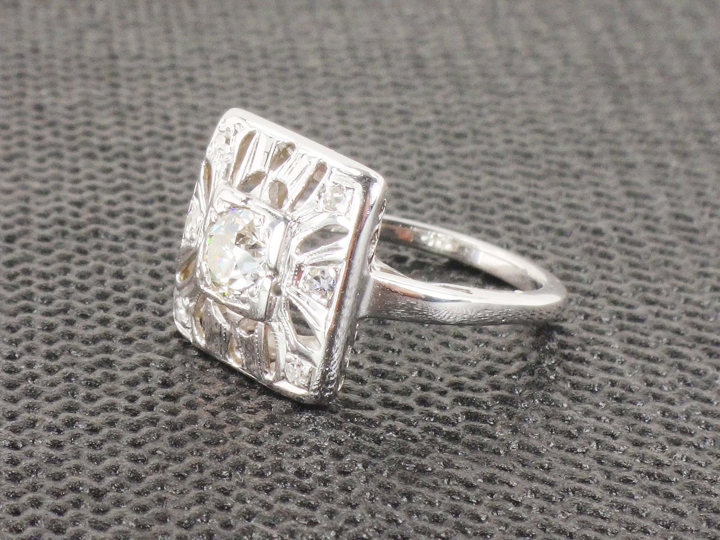 Vintage 14k White Gold Old European Cut Natural Diamond Ring Art Deco Diamond Ring Approx .50 Carat Center Diamond
