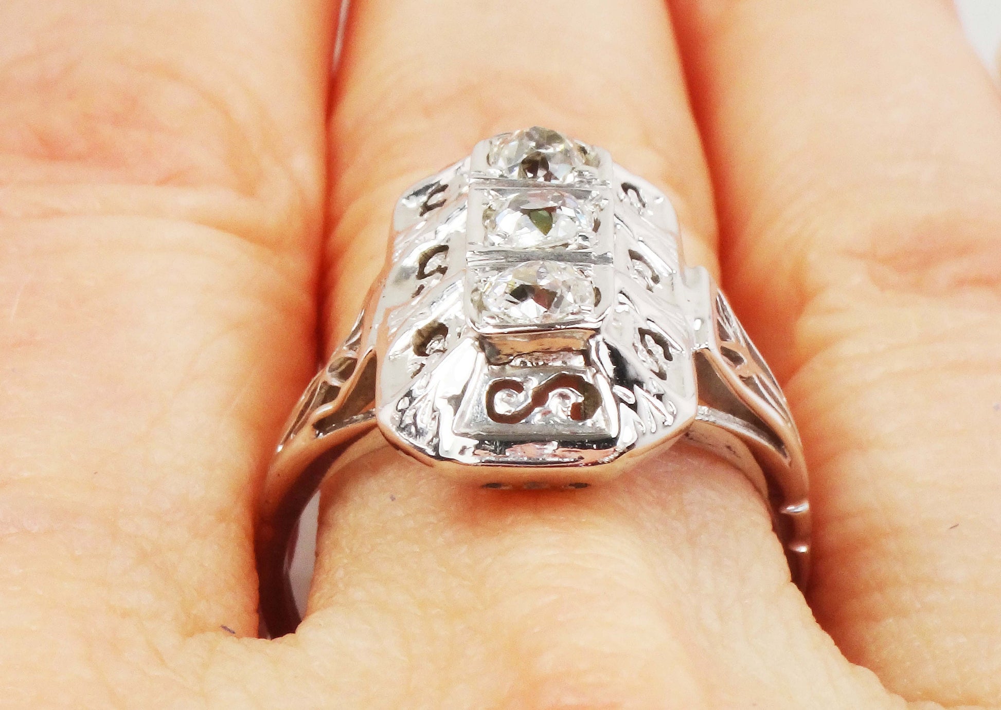 14k White Gold Art Deco Diamond Ring: Three Stone Old Mine Cut