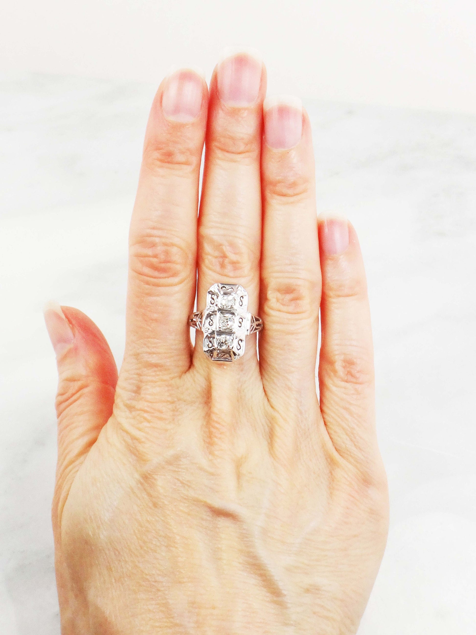 14k White Gold Art Deco Diamond Ring: Three Stone Old Mine Cut