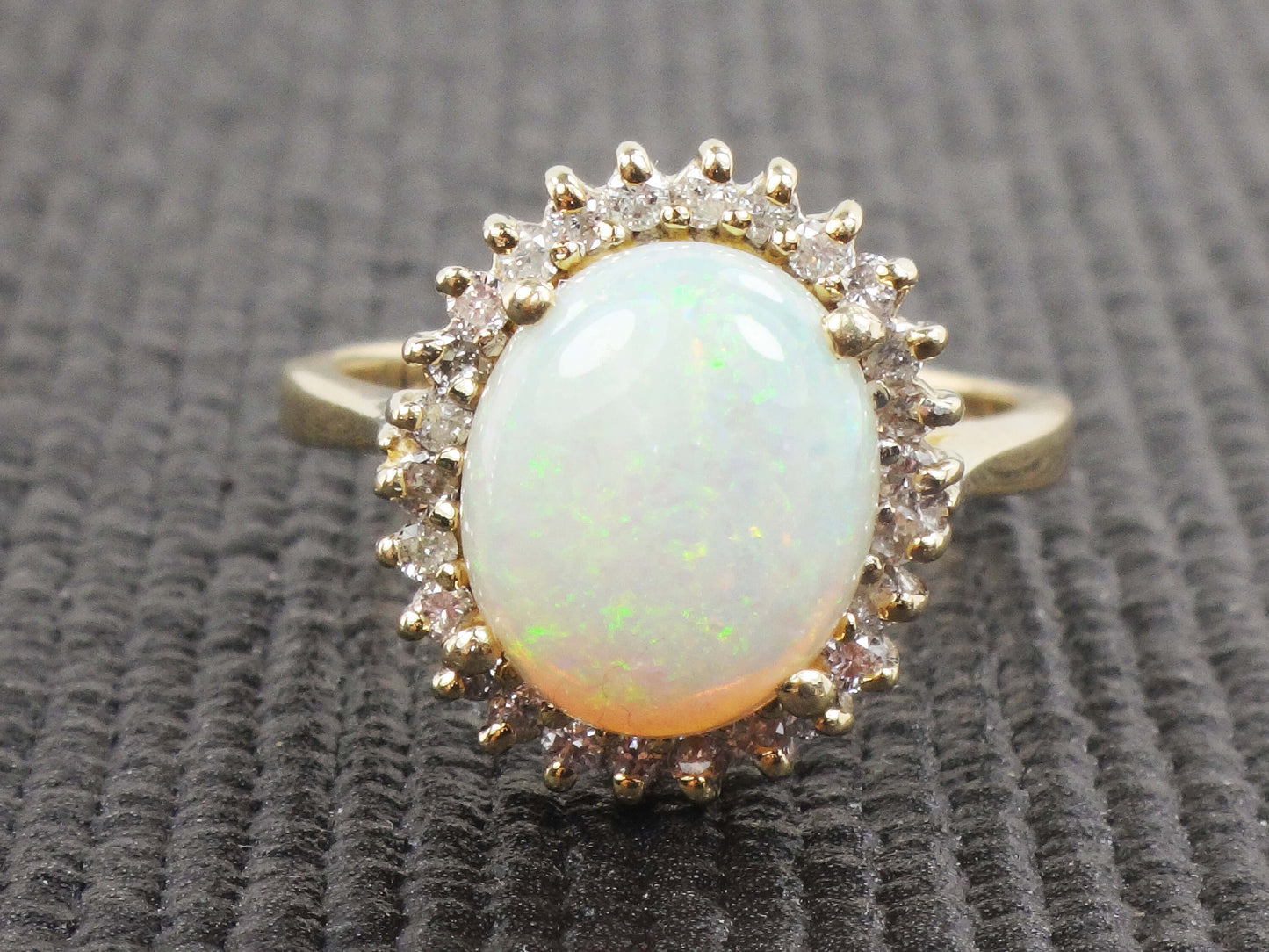 Vintage 14k Yellow Gold Natural Opal Ring with Diamond Halo Australian Opal Ring October Birthstone