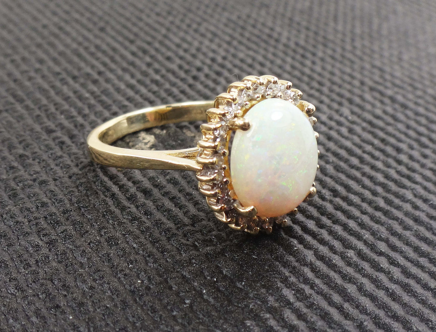 Vintage 14k Yellow Gold Natural Opal Ring with Diamond Halo Australian Opal Ring October Birthstone