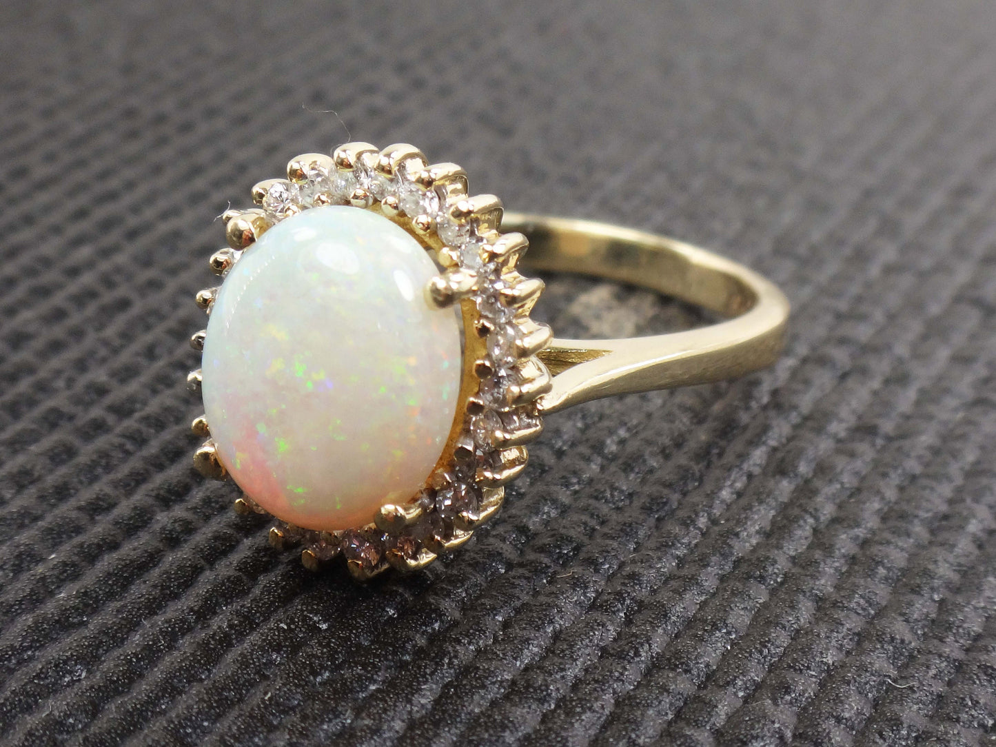 Vintage 14k Yellow Gold Natural Opal Ring with Diamond Halo Australian Opal Ring October Birthstone