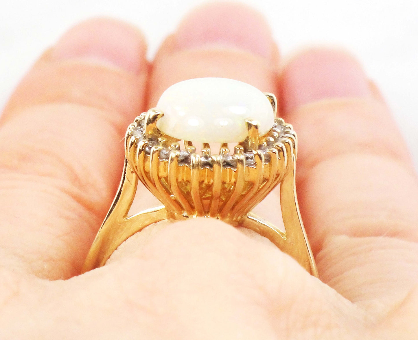 Vintage 14k Yellow Gold Natural Opal Ring with Diamond Halo Australian Opal Ring October Birthstone