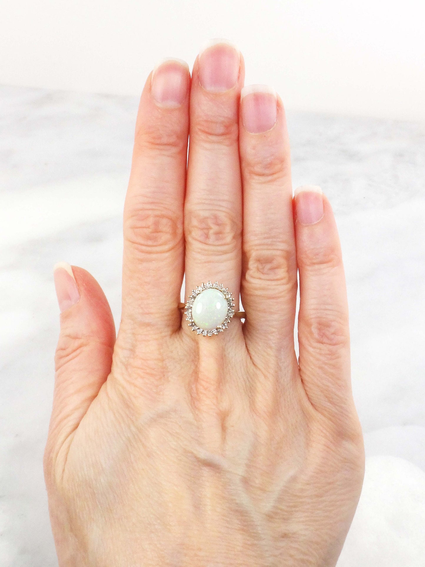 Vintage Australian Opal Ring: 14k Yellow Gold Diamond Halo, October Birthstone