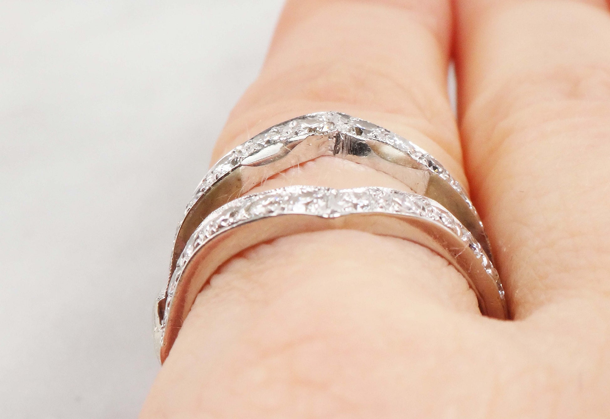 Vintage Diamond Insert Ring: 14k White Gold Jacket Wedding Band, Size 6.75
