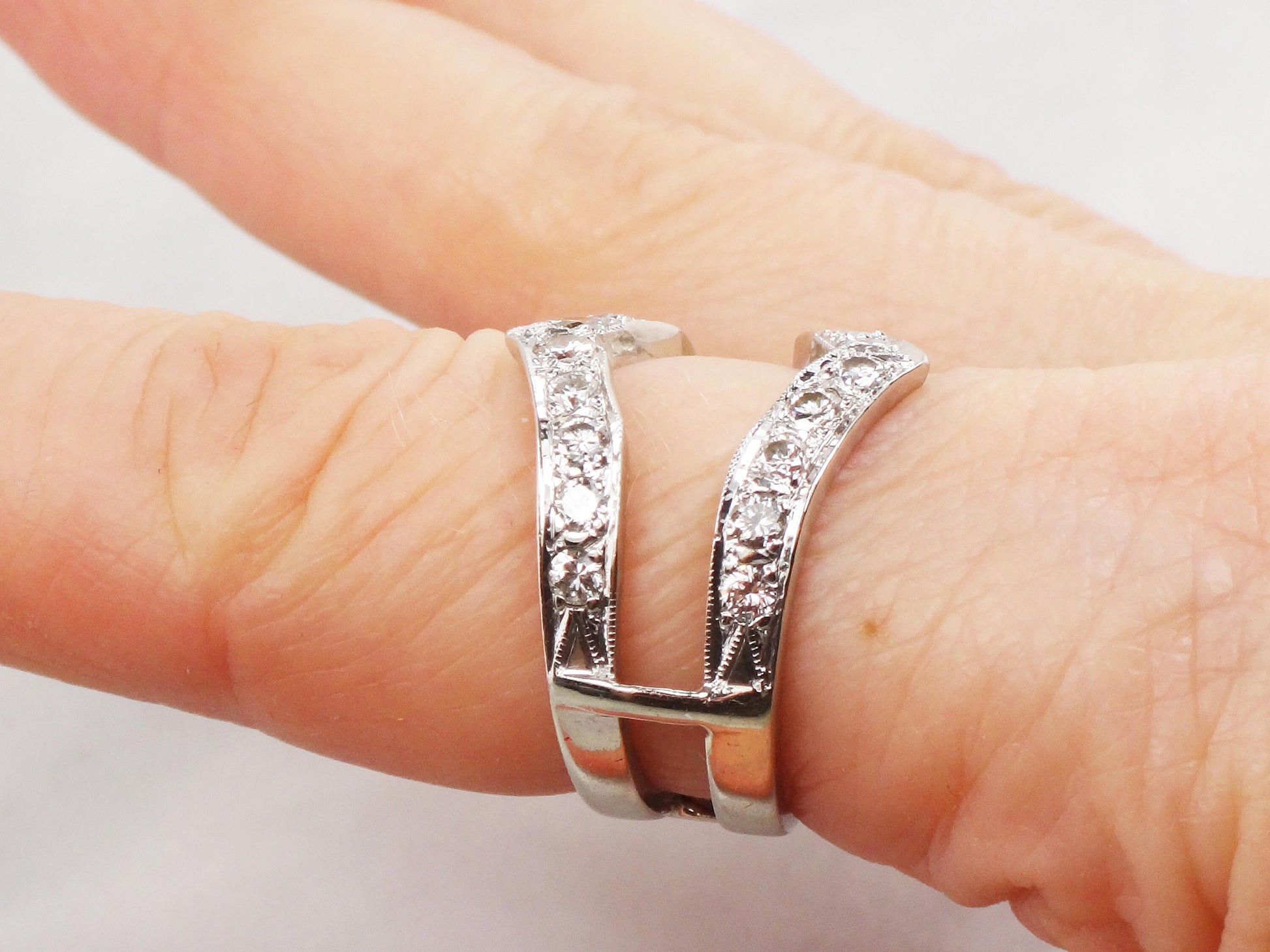 Vintage Diamond Insert Ring: 14k White Gold Jacket Wedding Band, Size 6.75