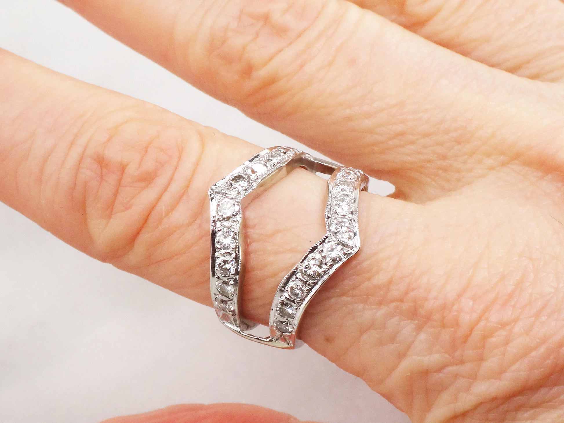 Vintage Diamond Insert Ring: 14k White Gold Jacket Wedding Band, Size 6.75