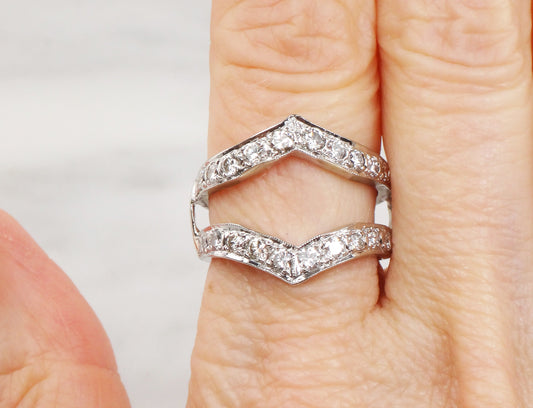 Vintage Diamond Insert Ring: 14k White Gold Jacket Wedding Band, Size 6.75