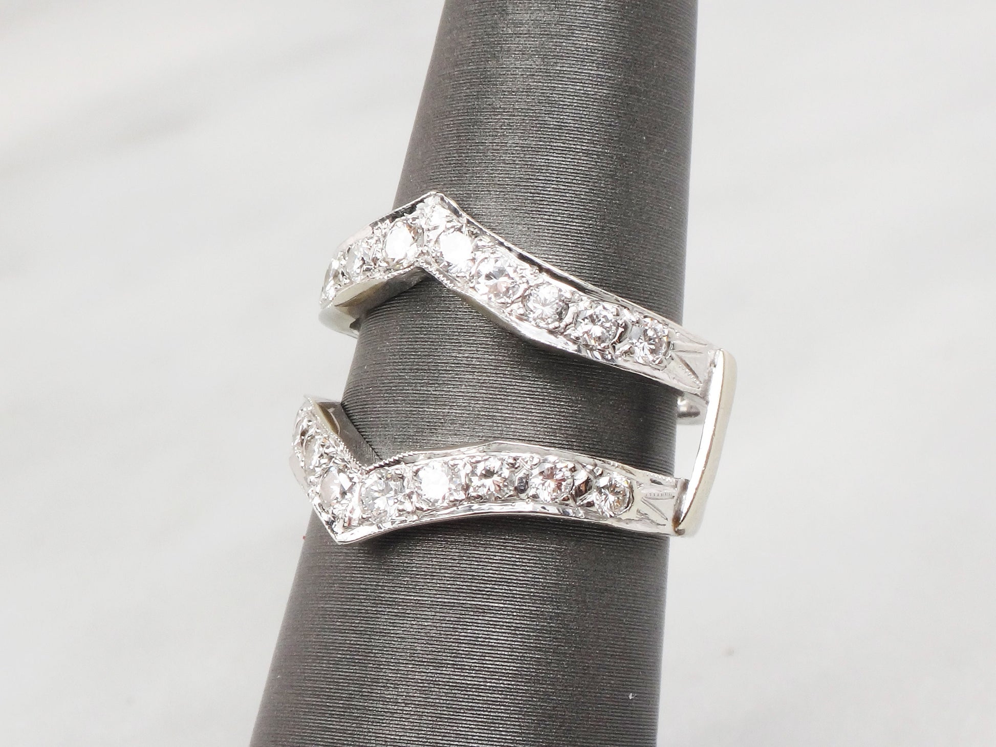Vintage Diamond Insert Ring: 14k White Gold Jacket Wedding Band, Size 6.75